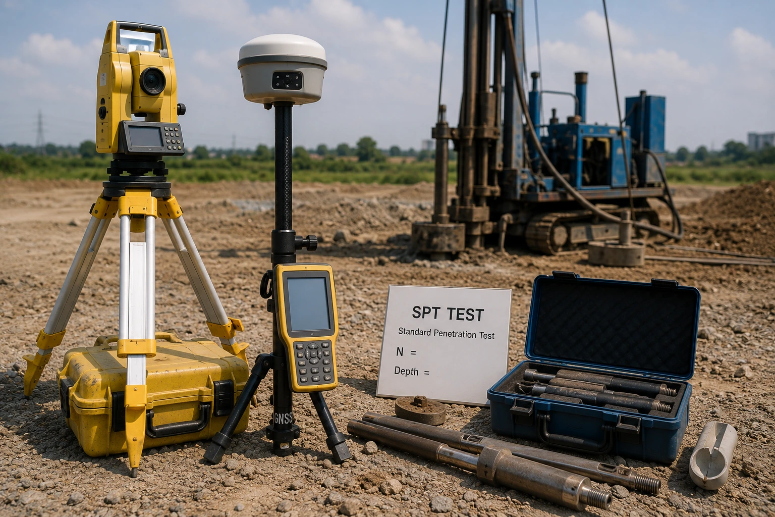 Peralatan alat uji geoteknik berupa Total Station, GNSS, dan SPT Test yang digunakan untuk survei, pemetaan, dan investigasi tanah pada proyek konstruksi.