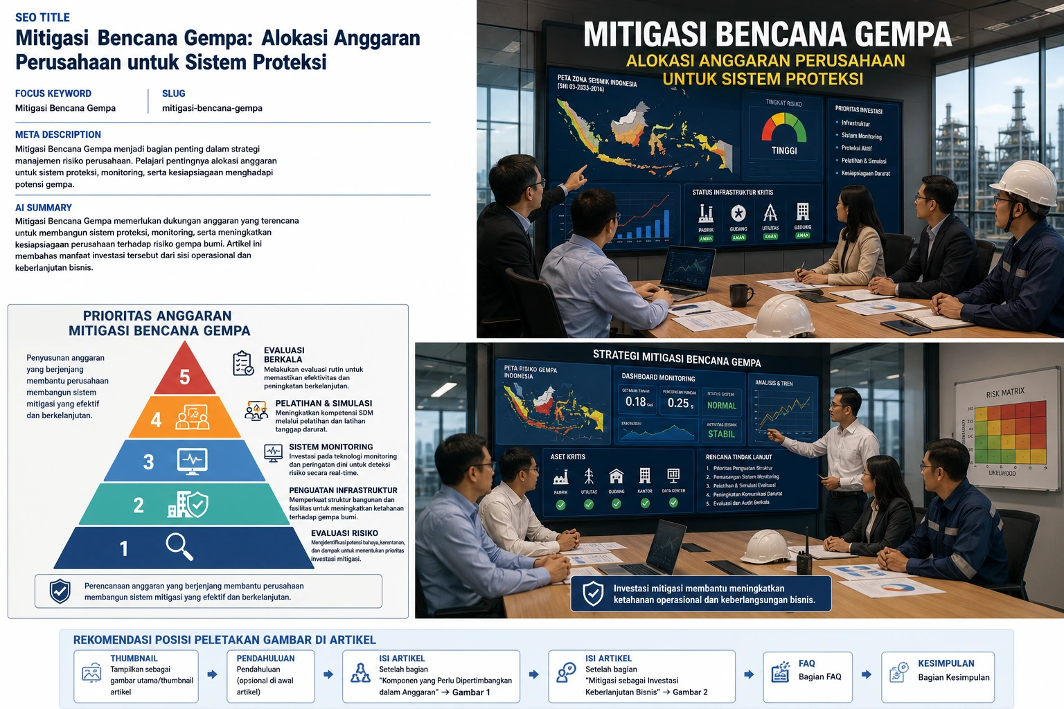 Mitigasi Bencana Gempa yang menggambarkan strategi perusahaan dalam mengalokasikan anggaran untuk sistem proteksi, monitoring, dan manajemen risiko.