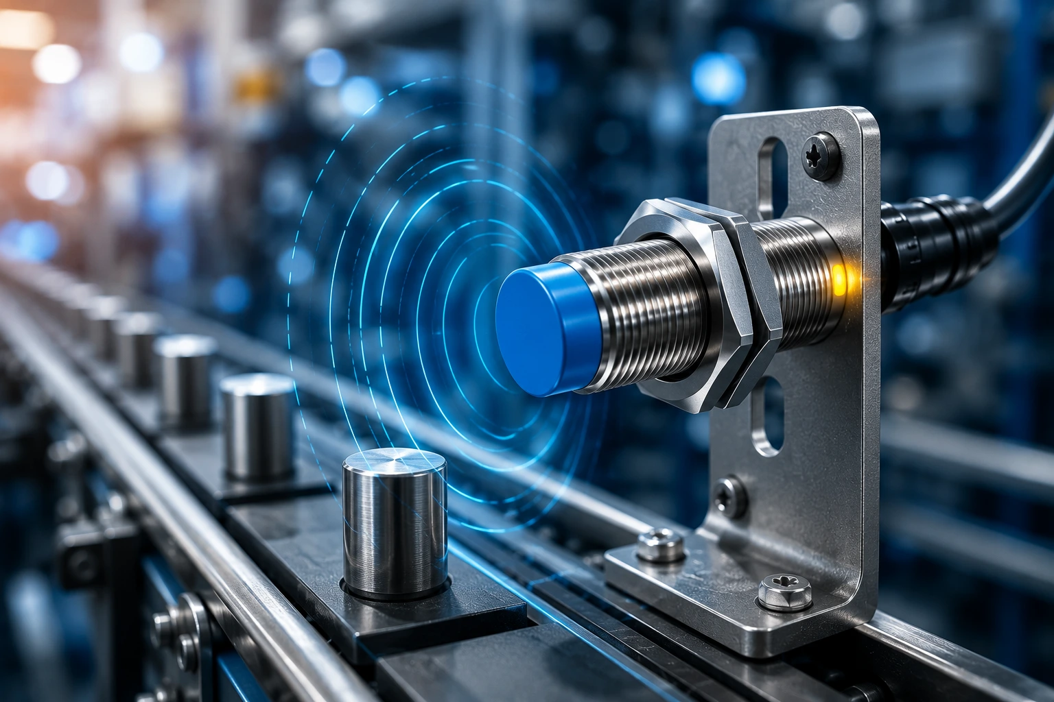 Sensor Proximity yang dipasang pada mesin industri untuk mendeteksi objek secara otomatis tanpa kontak langsung.