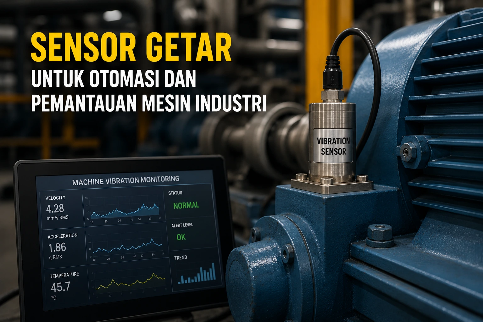 Sensor getar terpasang pada mesin industri untuk memantau kondisi getaran dan mendukung sistem otomasi serta predictive maintenance.