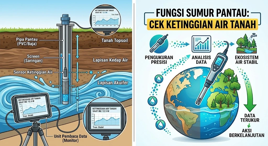 Sumur Pantau digunakan untuk memantau ketinggian muka air tanah pada proyek geoteknik dan pengelolaan sumber daya air.