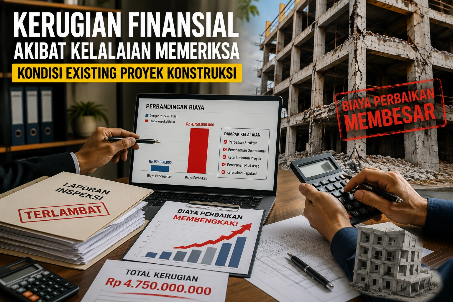 Insinyur mengevaluasi kondisi existing proyek konstruksi untuk mencegah kerugian finansial.