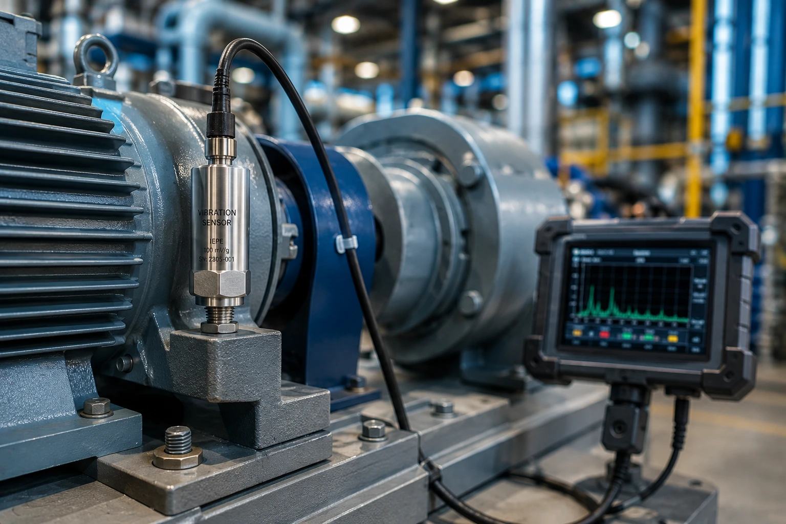 Vibration Sensor digunakan untuk monitoring kondisi mesin industri dengan spesifikasi yang disesuaikan berdasarkan kebutuhan aplikasi.