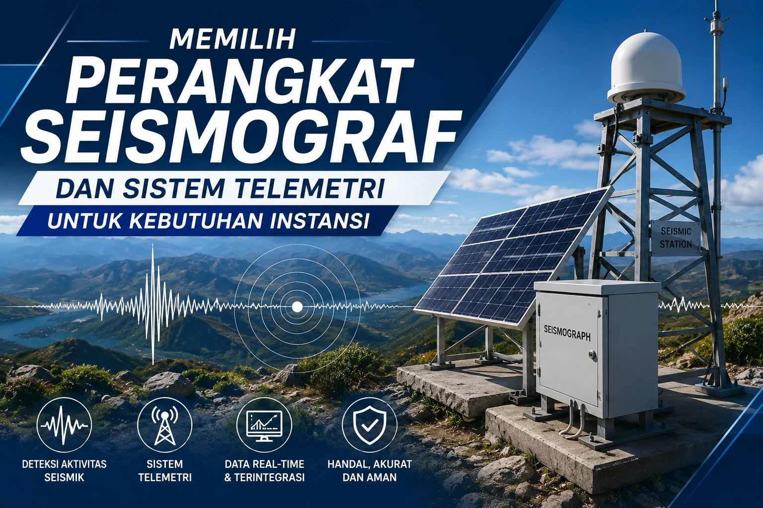 Perangkat Seismograf yang terintegrasi dengan sistem telemetri untuk mendukung pemantauan aktivitas seismik secara real-time pada berbagai kebutuhan instansi.