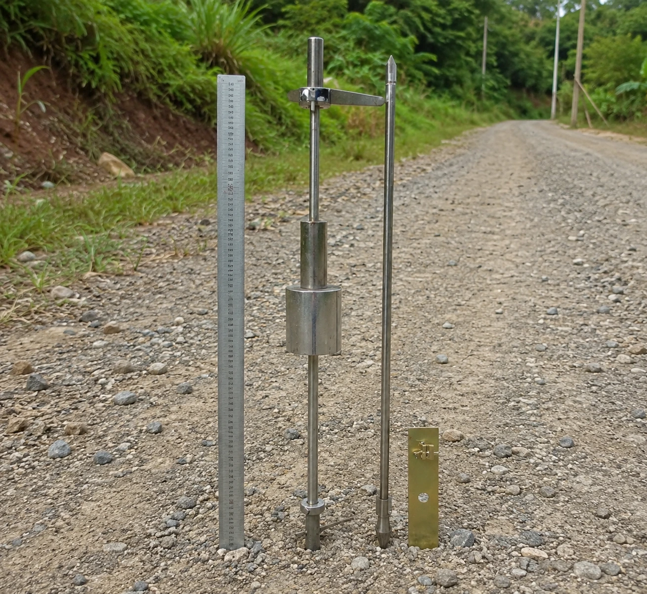 Diagram skematik komponen alat Dynamic Cone Penetrometer (DCP) dengan penjelasan bagian penumbuk 8kg, batang skala milimeter, dan ujung kerucut penetrasi