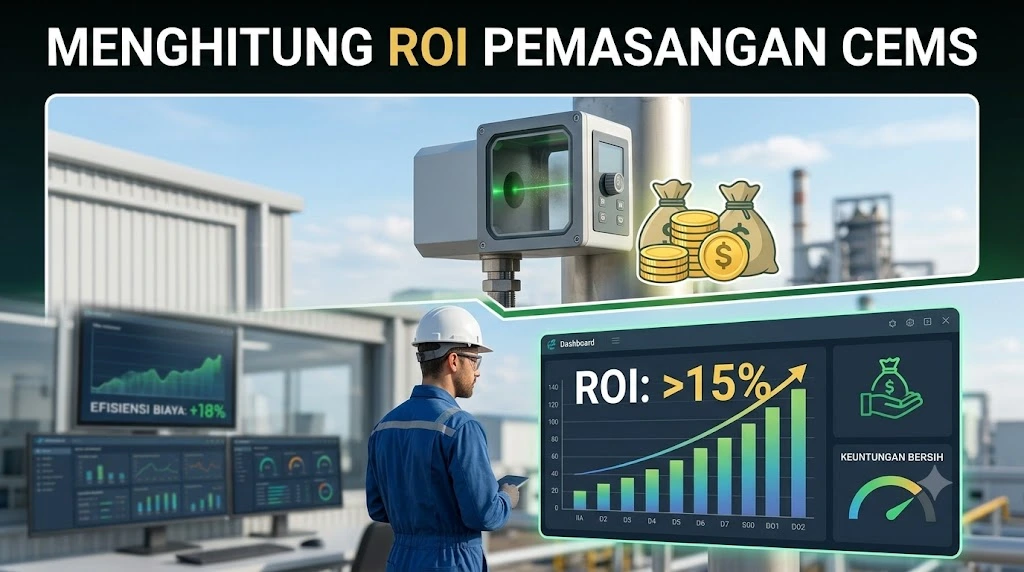 Ilustrasi analisis ROI Sistem CEMS pada cerobong asap industri untuk mengevaluasi investasi monitoring emisi.