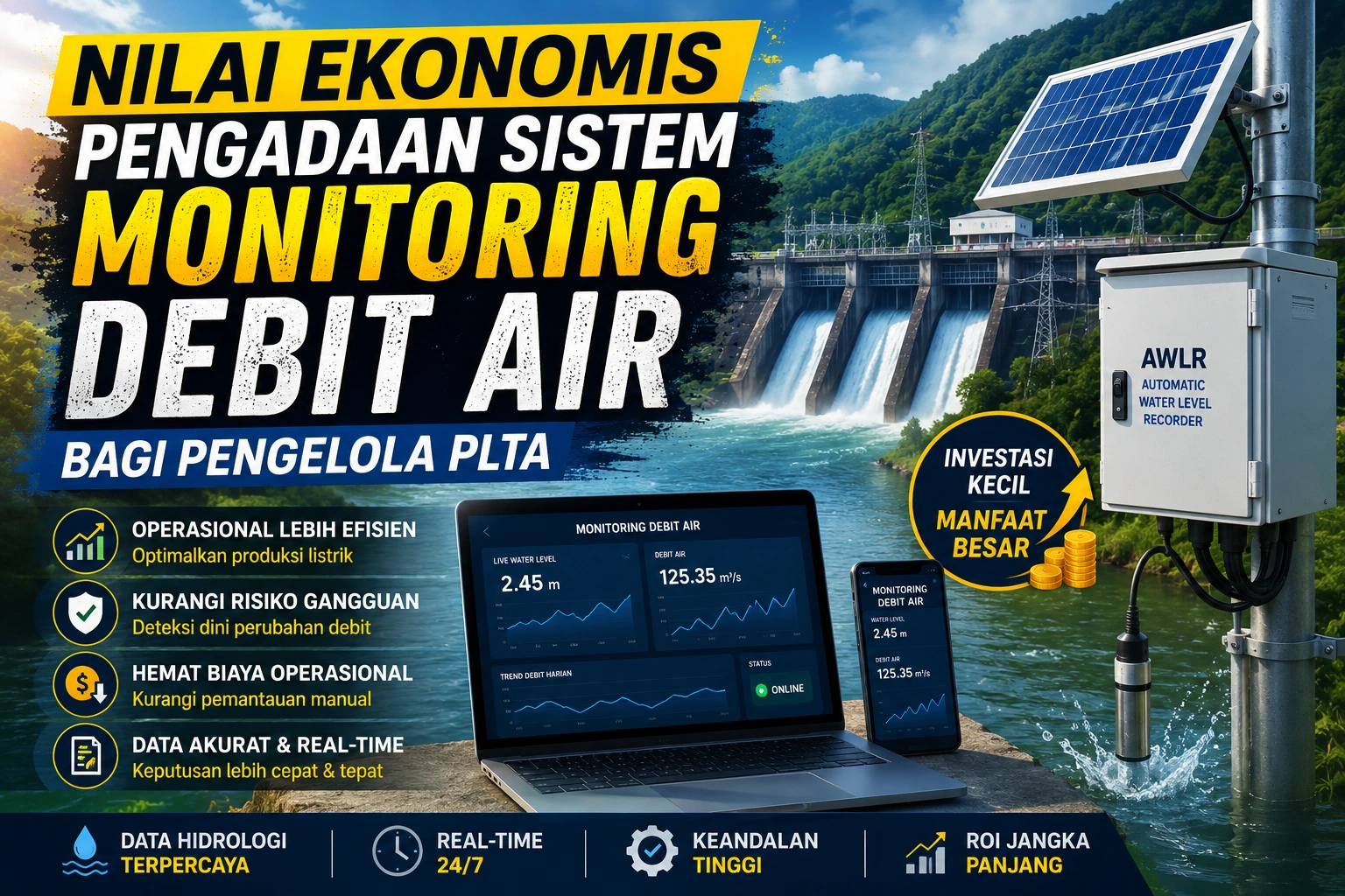 Sistem monitoring debit air pada pembangkit listrik tenaga air (PLTA) untuk mendukung pengelolaan sumber daya air secara real-time.