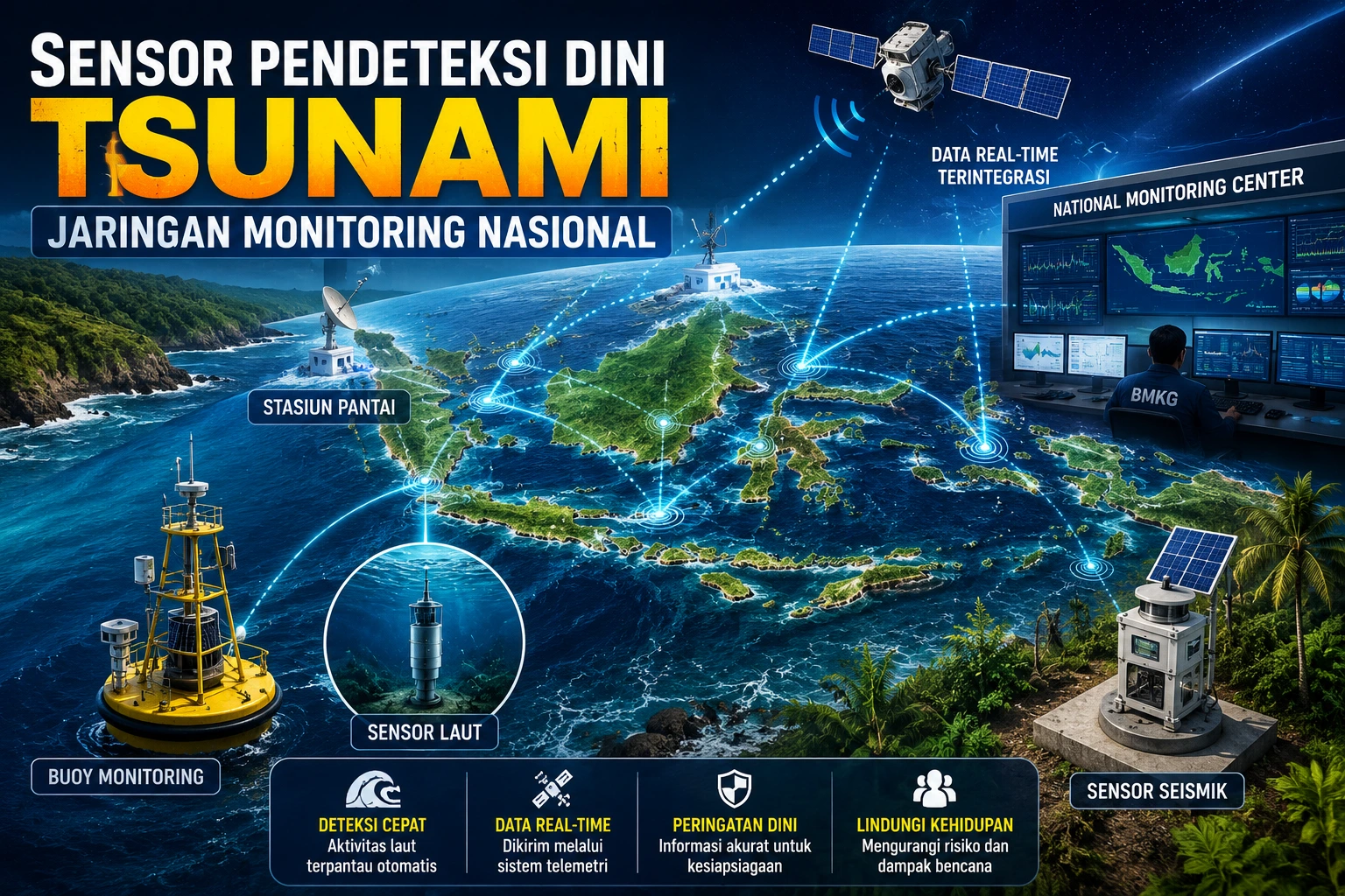 Sensor Pendeteksi Dini Tsunami yang menggambarkan jaringan monitoring laut terintegrasi dengan pusat analisis data untuk mendukung sistem peringatan dini.