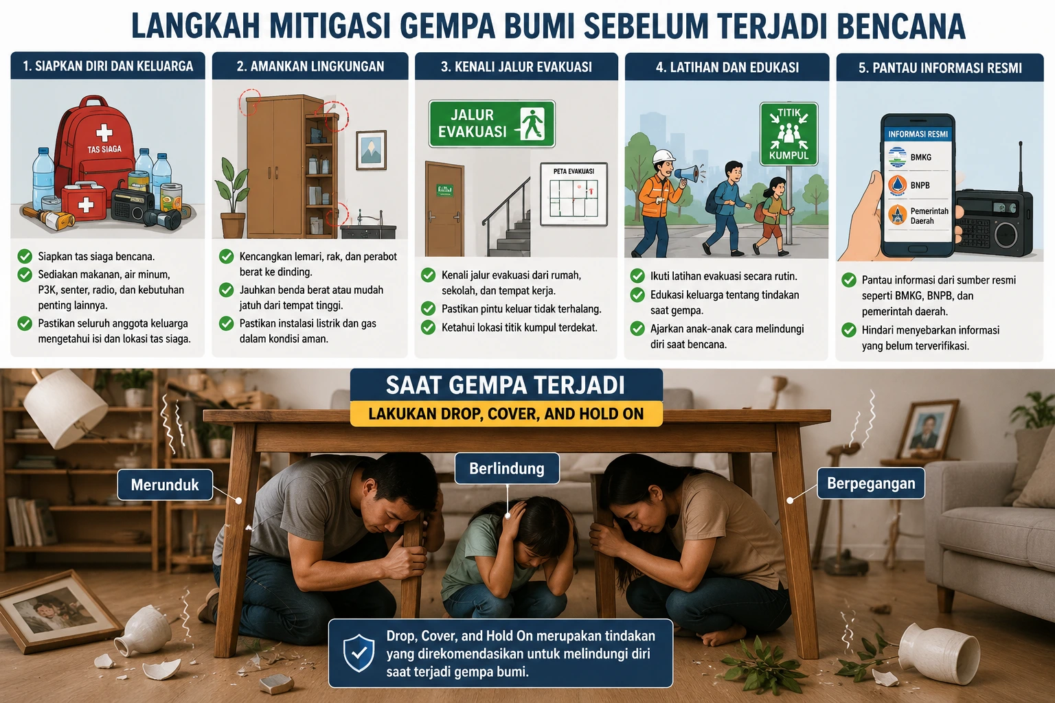 Mitigasi Gempa Bumi yang menggambarkan langkah kesiapsiagaan sebelum, saat, dan sesudah terjadi gempa bumi.