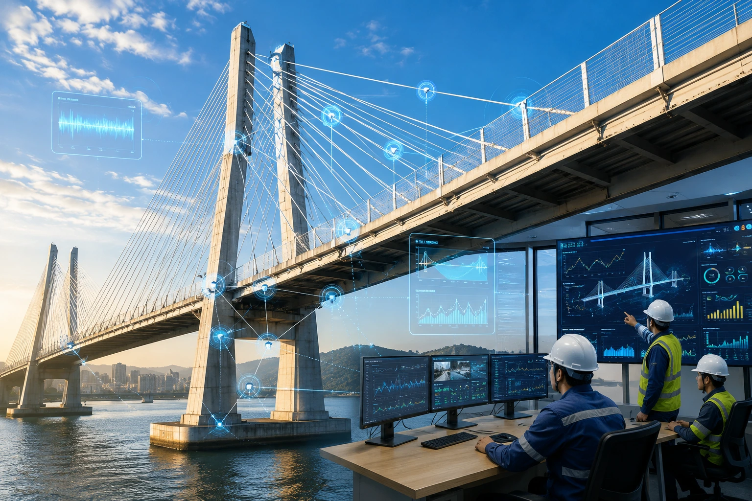 Sistem Monitoring SHMS yang memantau kondisi jembatan menggunakan sensor dan pusat monitoring digital.