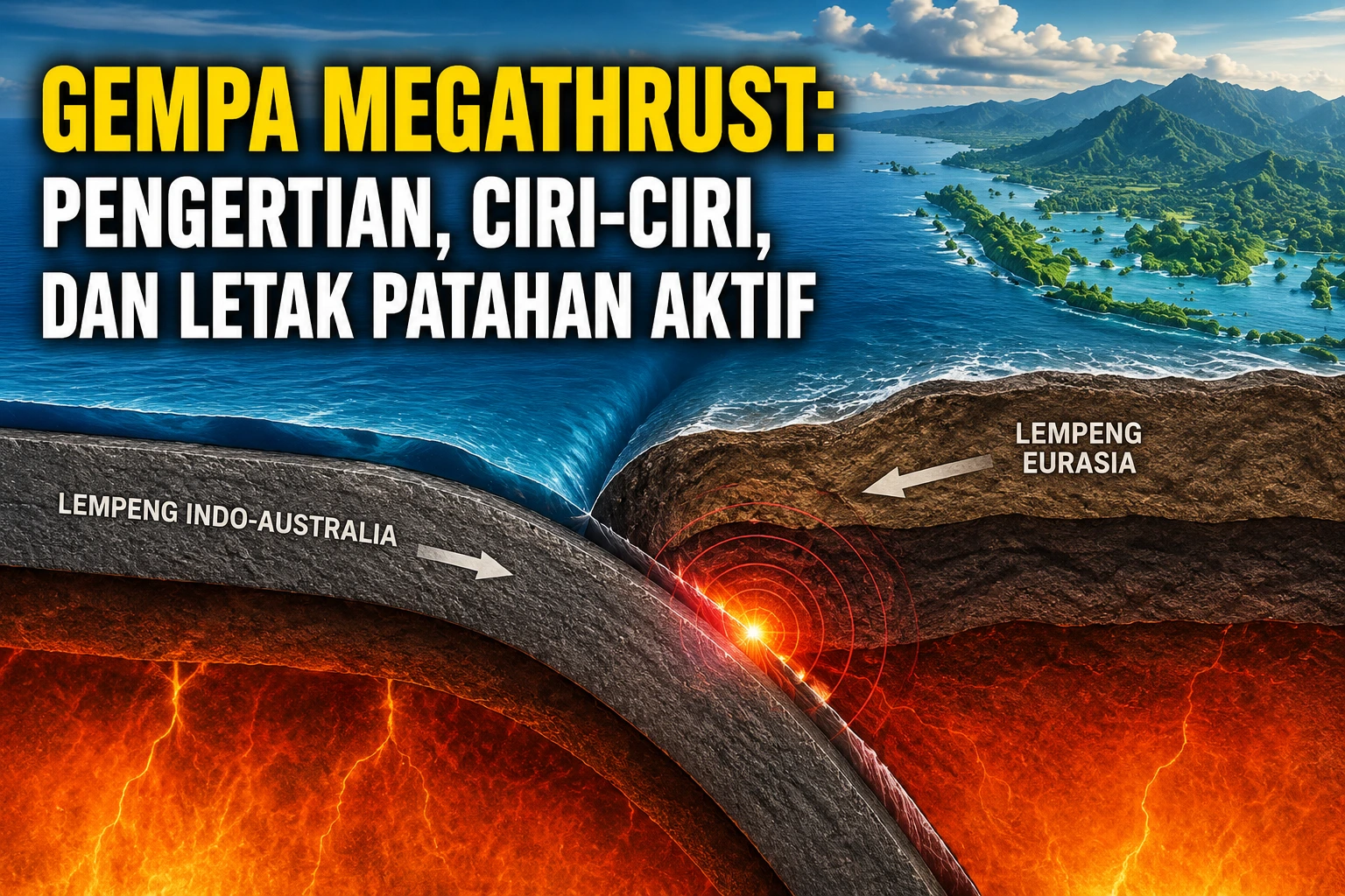 Gempa Megathrust yang memperlihatkan proses subduksi dua lempeng tektonik sebagai penyebab gempa bumi berkekuatan besar.