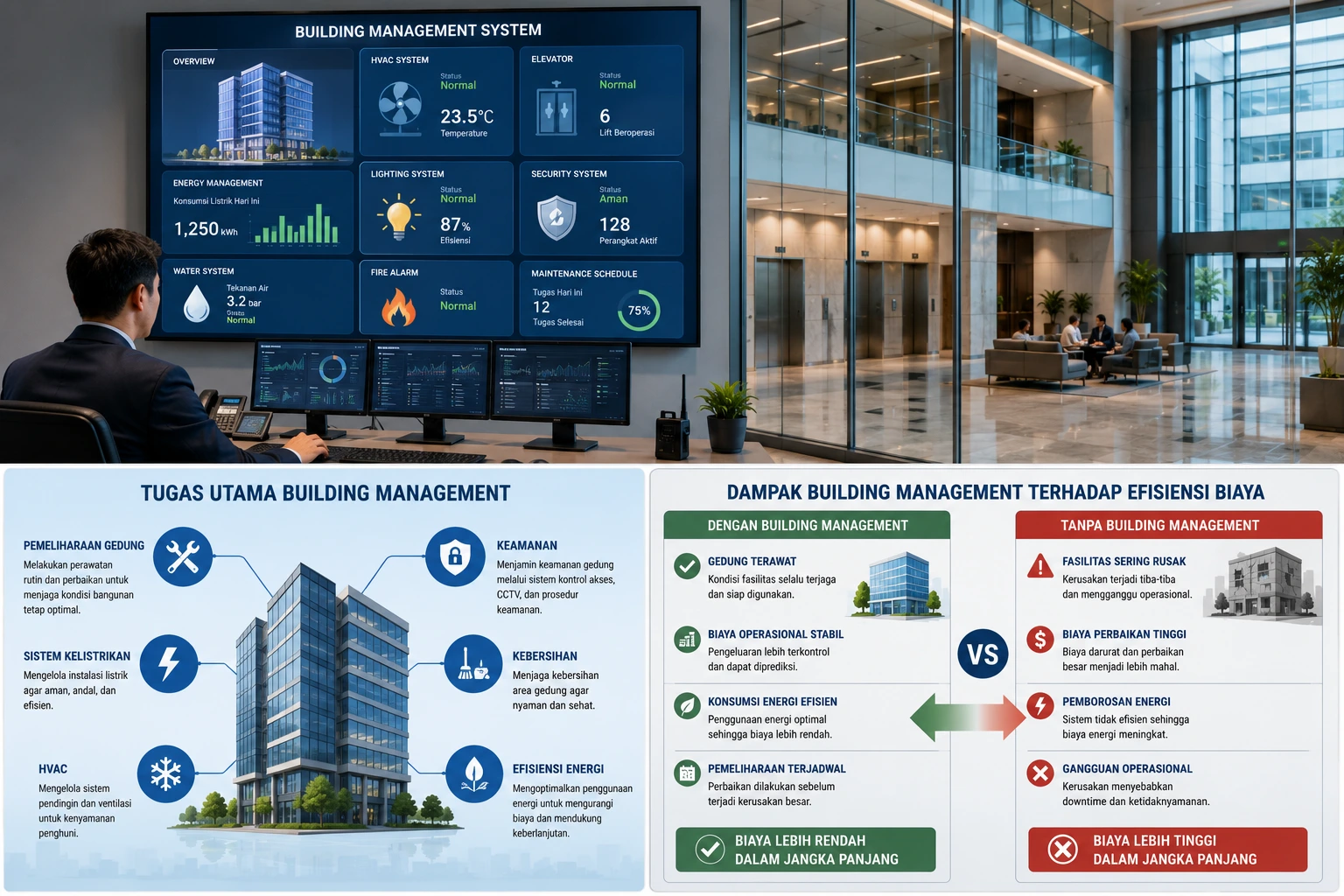 Building Management pada gedung modern melalui dashboard monitoring operasional fasilitas.