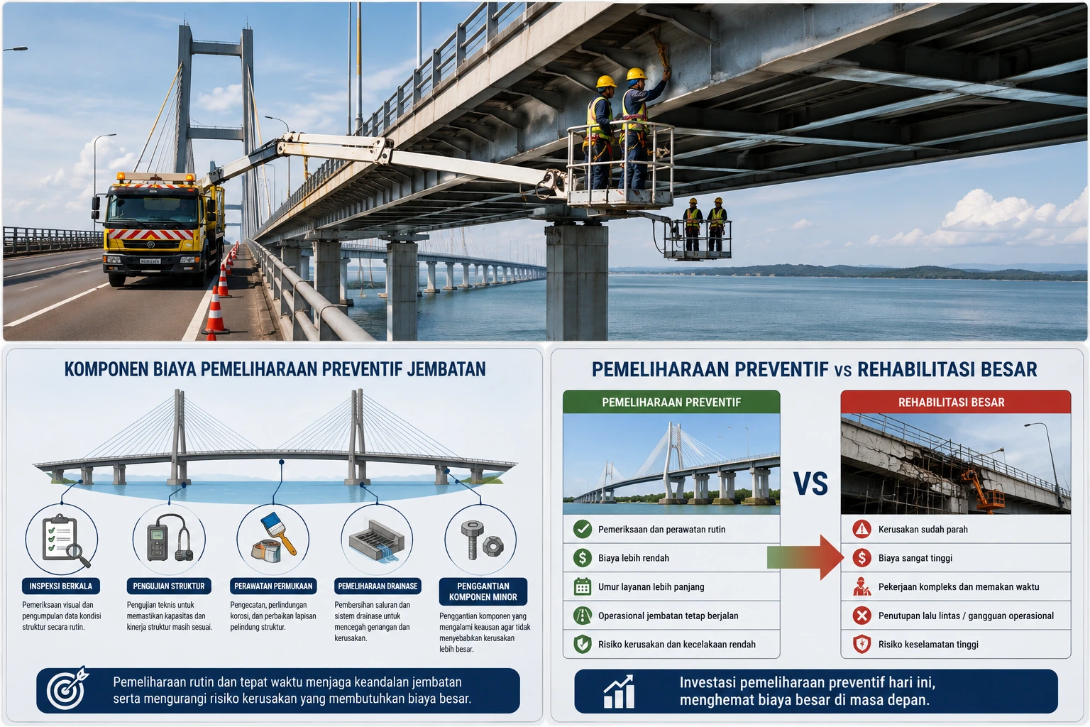 Pemeliharaan preventif jembatan bentang panjang untuk menjaga kondisi struktur.
