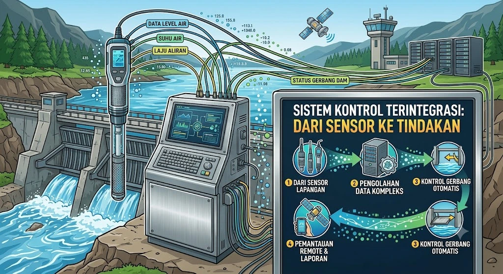 Sistem Pemantauan Tinggi Muka Air otomatis digunakan untuk memantau elevasi air waduk secara real-time menggunakan sensor dan data logger.