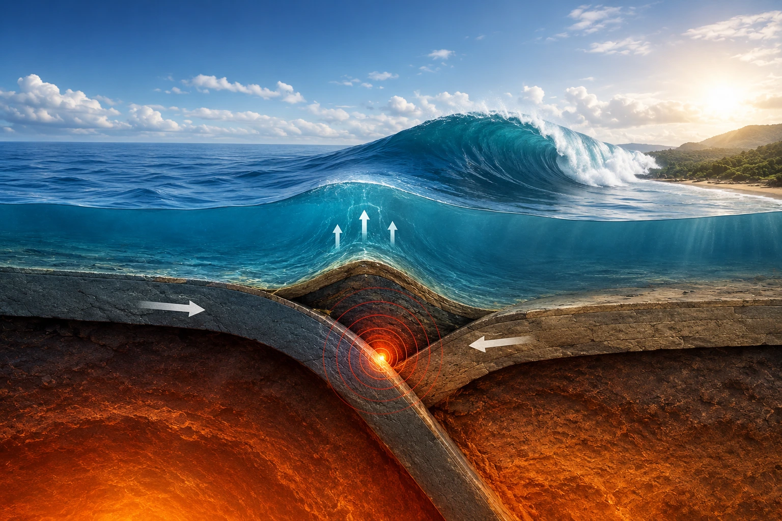 Tsunami Terjadi Karena Apa yang memperlihatkan proses gempa bawah laut menyebabkan perubahan dasar laut hingga membentuk gelombang tsunami.