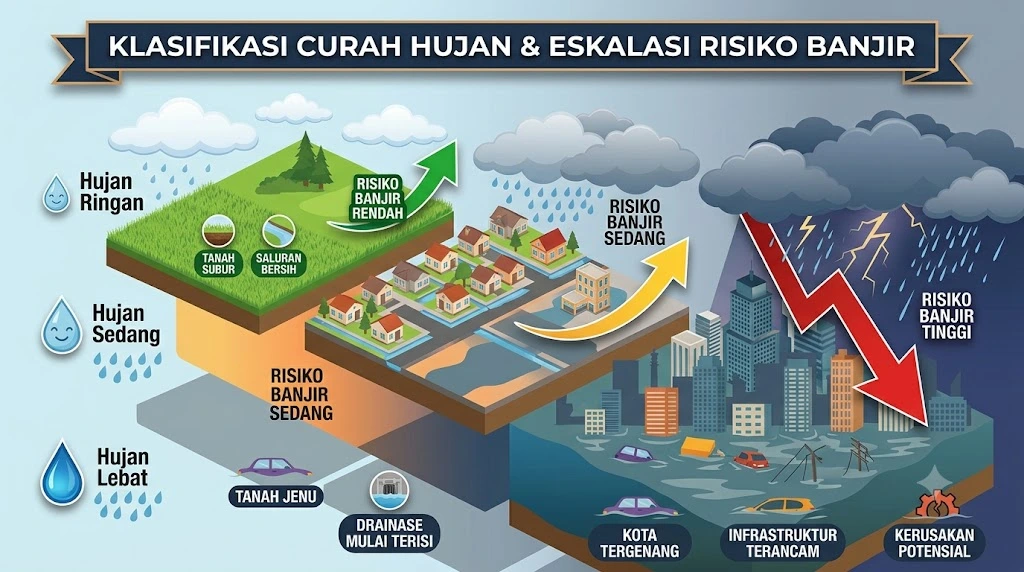 Curah Hujan dengan intensitas tinggi dapat meningkatkan risiko banjir di kawasan perkotaan ketika sistem drainase tidak mampu menampung aliran air.