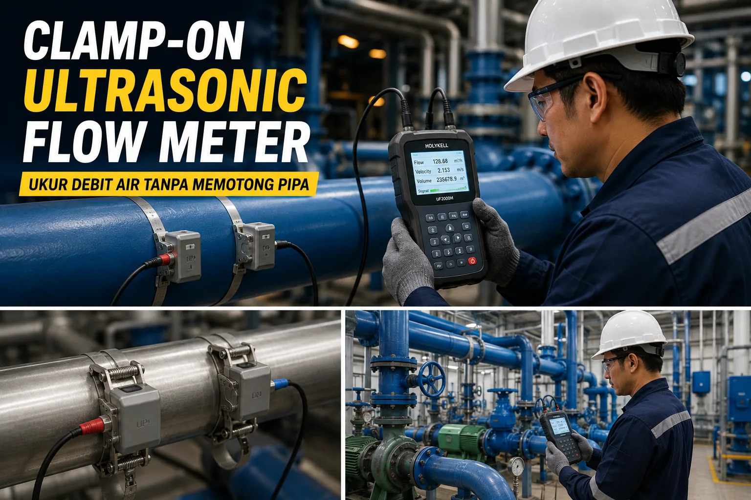 Clamp-On Ultrasonic Flow Meter Holykell UF2000M untuk pengukuran debit air tanpa memotong pipa industri