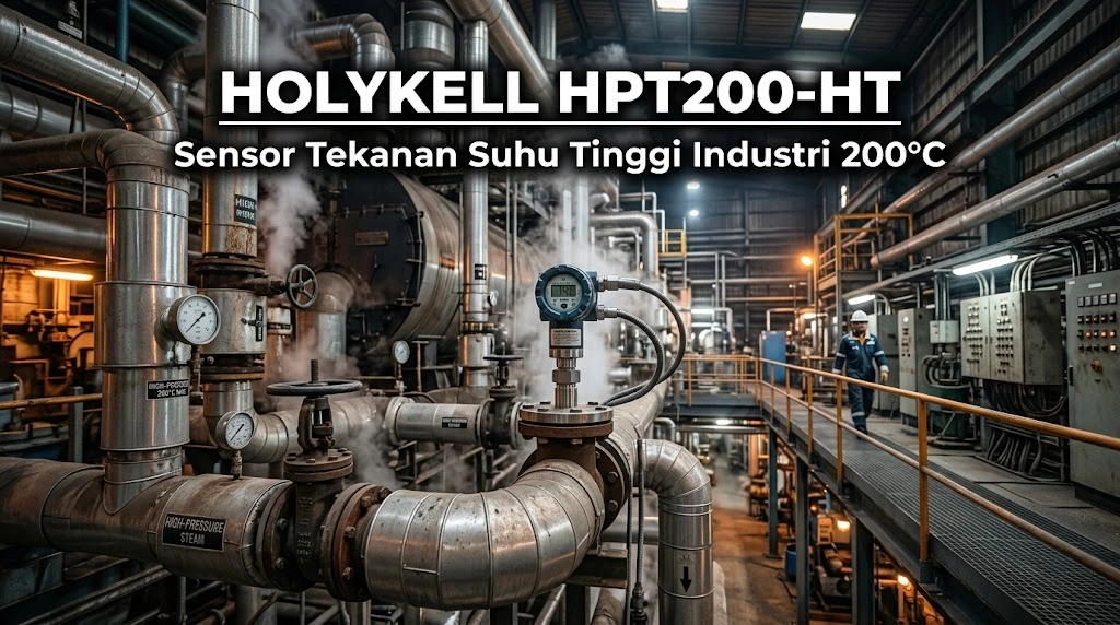 Sensor tekanan suhu tinggi Holykell HPT200 HT terpasang pada jalur pipa uap boiler industri