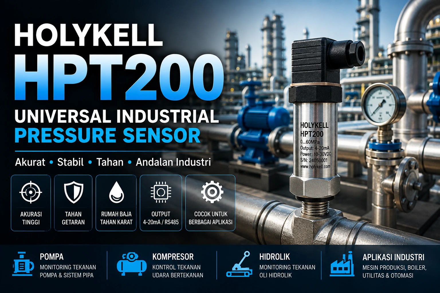 Holykell HPT200 sensor tekanan digital pada smart factory untuk monitoring tekanan industri
