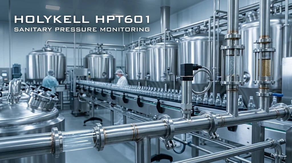 Holykell HPT601 flush diaphragm pressure transmitter pada lini produksi makanan dan minuman