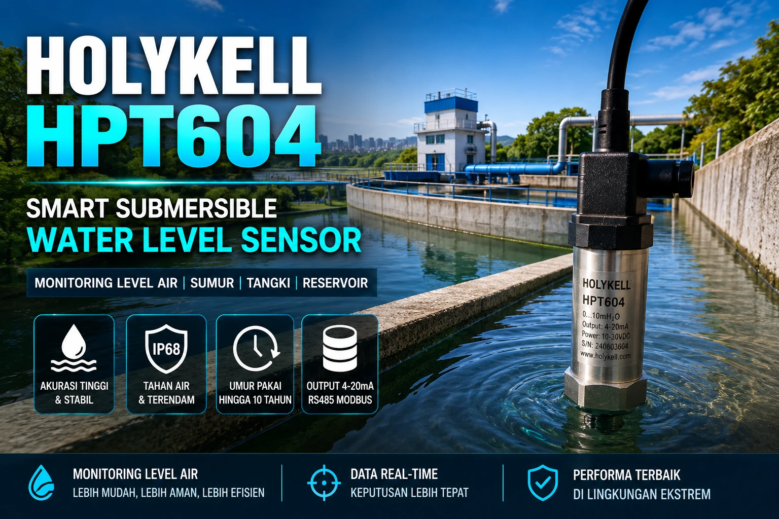 Holykell HPT604 sensor level air submersible pada reservoir PDAM untuk monitoring level air