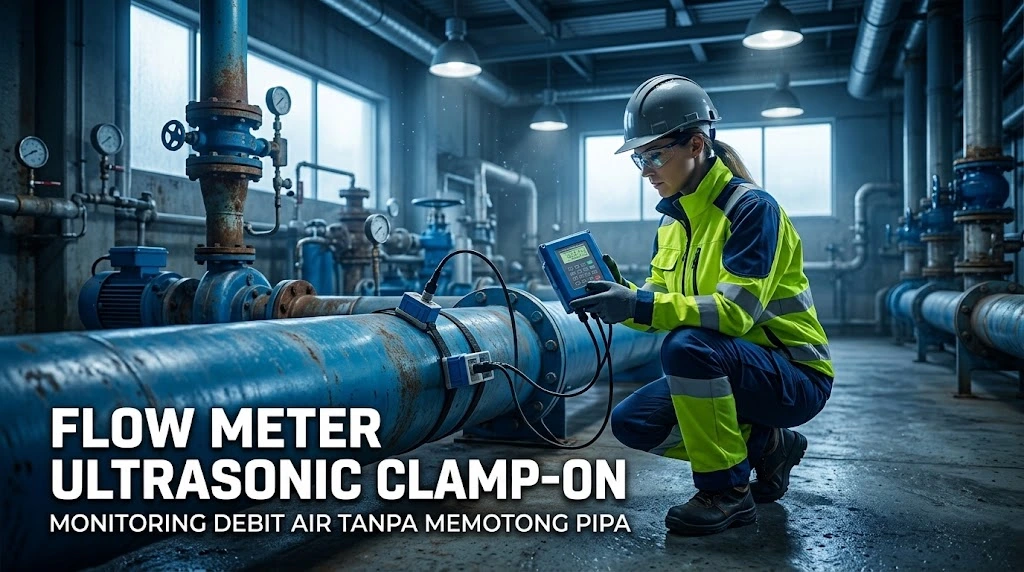 Implementasi Flow Meter Ultrasonic Clamp-On Holykell UF2000B pada sistem monitoring debit air industri.