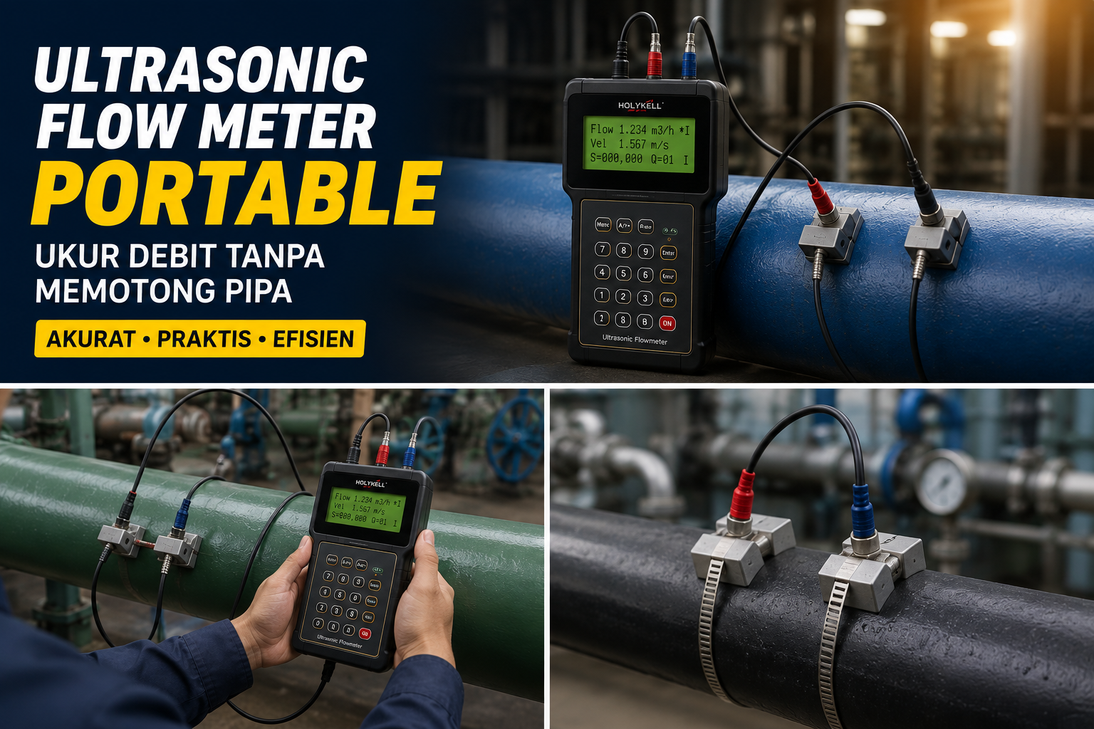 Ultrasonic Flow Meter Portable untuk mengukur debit cairan tanpa memotong pipa