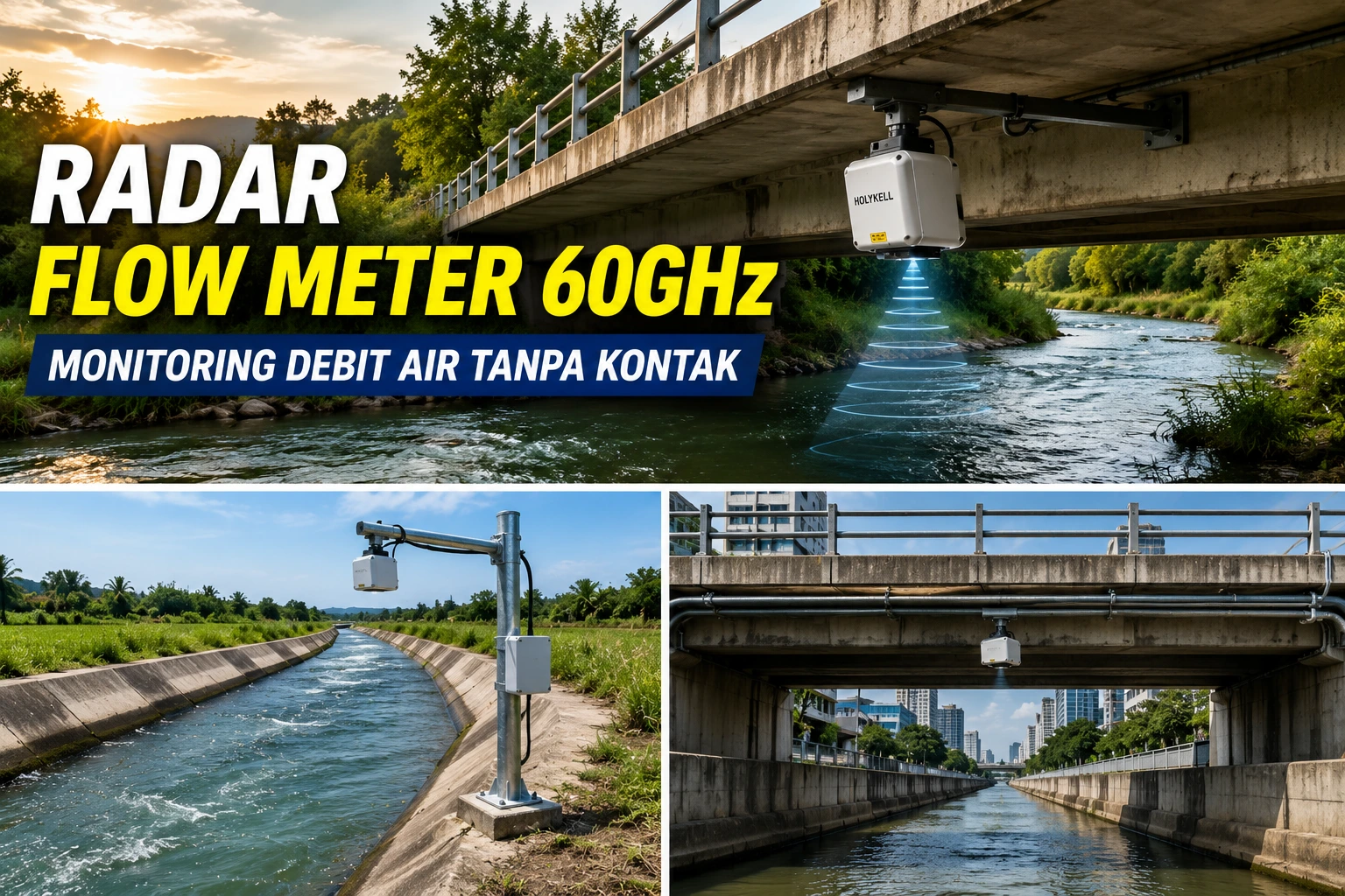 Radar Flow Meter 60GHz Holykell HRF-600S untuk monitoring debit air sungai tanpa kontak