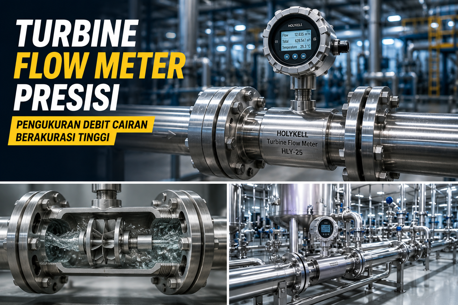 Turbine Flow Meter Presisi Holykell HLY untuk pengukuran debit cairan pada sistem perpipaan industri